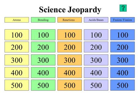 Science Jeopardy 100 200 300 400 500 100 200 300 400 500 100 200 300 400 500 100 200 300 400 500 100 200 300 400 500 AtomsBondingReactionsAcids/BasesFusion/