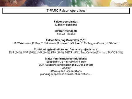 Falcon coordinator: Martin Weissmann Aircraft manager: Andrea Hausold Falcon Steering Committee (SC): M. Weissmann, P. Harr, T. Nakazawa, S. Jones, H.-S.