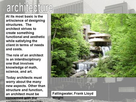 At its most basic is the art/science of designing structures. The architect strives to create something functional and aesthetic while satisfying the client.