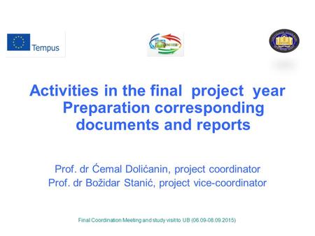 Activities in the final project year Preparation corresponding documents and reports Prof. dr Ćemal Dolićanin, project coordinator Prof. dr Božidar Stanić,