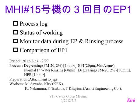  Process log  Status of working  Monitor data during EP & Rinsing process  Comparison of EP1 Period : 2012/2/23 ~ 2/27 Process : Degreasing (FM-20,