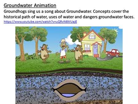 Groundwater Animation Groundhogs sing us a song about Groundwater. Concepts cover the historical path of water, uses of water and dangers groundwater faces.