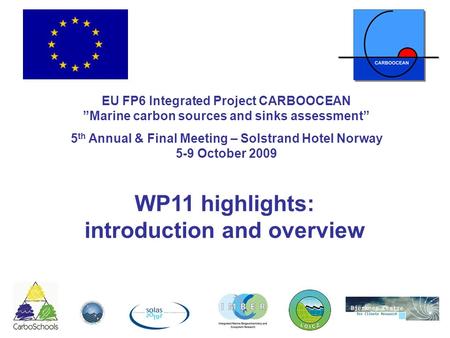 WP11 highlights: introduction and overview EU FP6 Integrated Project CARBOOCEAN ”Marine carbon sources and sinks assessment” 5 th Annual & Final Meeting.