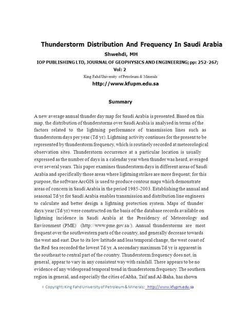 Thunderstorm Distribution And Frequency In Saudi Arabia