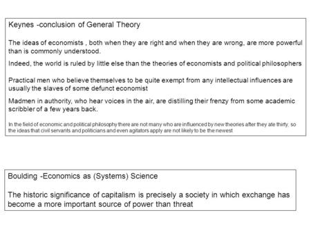 Keynes -conclusion of General Theory The ideas of economists, both when they are right and when they are wrong, are more powerful than is commonly understood.