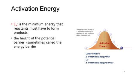 Activation Energy E a : is the minimum energy that reactants must have to form products. the height of the potential barrier (sometimes called the energy.