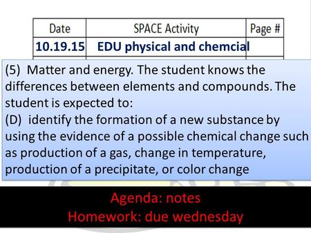 10.19.15 EDU physical and chemcial Agenda: notes Homework: due wednesday Agenda: notes Homework: due wednesday (5) Matter and energy. The student knows.