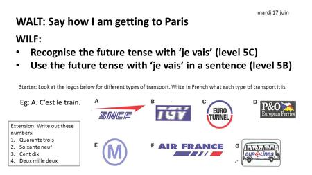 WALT: Say how I am getting to Paris. WALT: Say how I am getting to Paris WILF: Recognise the future tense with ‘je vais’ (level 5C) Use the future tense.