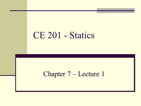 CE 201 - Statics Chapter 7 – Lecture 1. INTERNAL FORCES  Internal Forces Developed in Structural Members (2-D)  Internal Forces Developed in Structural.