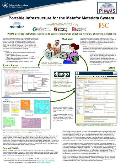 Portable Infrastructure for the Metafor Metadata System Charlotte Pascoe 1, Gerry Devine 2 1 NCAS-BADC, 2 NCAS-CMS University of Reading PIMMS provides.