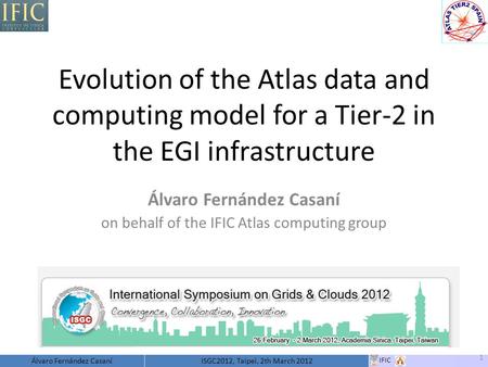 II IFIC Álvaro Fernández CasaníISGC2012, Taipei, 2th March 2012 Evolution of the Atlas data and computing model for a Tier-2 in the EGI infrastructure.