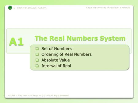 E - BOOK FOR COLLEGE ALGEBRA King Fahd University of Petroleum & Minerals A1 E - BOOK FOR COLLEGE ALGEBRA King Fahd University of Petroleum & Minerals.