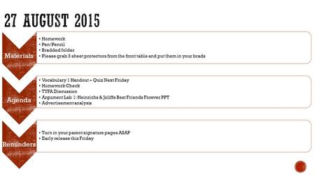 Materials Homework Pen/Pencil Bradded folder Please grab 3 sheet protectors from the front table and put them in your brads Agenda Vocabulary 1 Handout.
