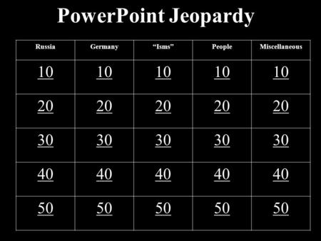 PowerPoint Jeopardy RussiaGermany“Isms”PeopleMiscellaneous 10 20 30 40 50.