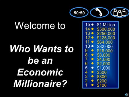 15 14 13 12 11 10 9 8 7 6 5 4 3 2 1 $1 Million $500,000 $250,000 $125,000 $64,000 $32,000 $16,000 $8,000 $4,000 $2,000 $1,000 $500 $300 $200 $100 Welcome.