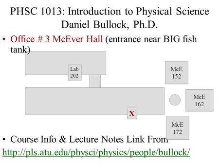 PHSC 1013: Introduction to Physical Science Daniel Bullock, Ph.D. Office # 3 McEver Hall (entrance near BIG fish tank) Course Info & Lecture Notes Link.