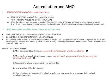 Accreditation and AMO I.ACCREDITATION (Virginia’s Accountability System) – ACCREDITATION is Virginia’s Accountability System – No membership groups, no.