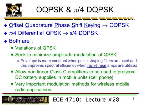 OQPSK & p/4 DQPSK Offset Quadrature Phase Shift Keying  OQPSK