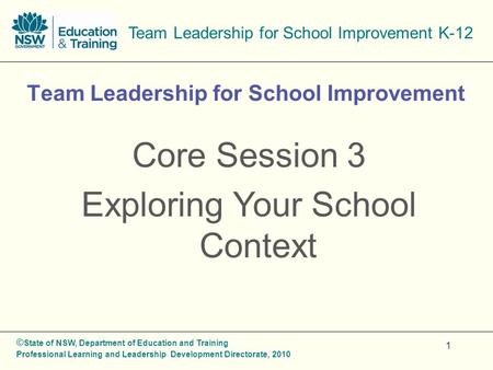 © State of NSW, Department of Education and Training Professional Learning and Leadership Development Directorate, 2010 Team Leadership for School Improvement.