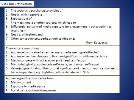 Uses and Gratification 1.The social and psychological origins of 2.Needs, which generate 3.Expectations of 4.The mass media or other sources, which lead.