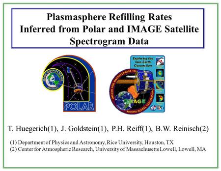 Plasmasphere Refilling Rates Inferred from Polar and IMAGE Satellite Spectrogram Data T. Huegerich(1), J. Goldstein(1), P.H. Reiff(1), B.W. Reinisch(2)