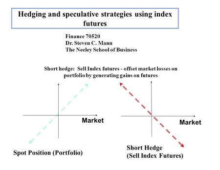 Hedging and speculative strategies using index futures Short hedge: Sell Index futures - offset market losses on portfolio by generating gains on futures.