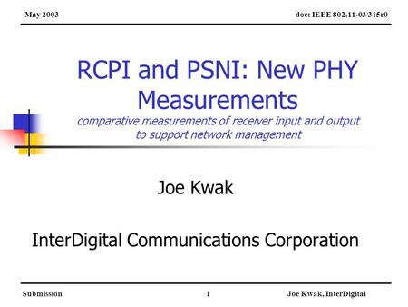 January 2003 Joe Kwak InterDigital Communications Corporation