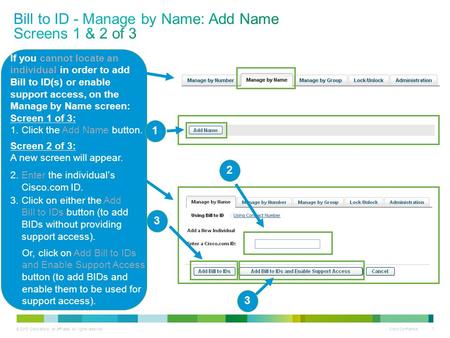 © 2013 Cisco and/or its affiliates. All rights reserved. Cisco Confidential 1 If you cannot locate an individual in order to add Bill to ID(s) or enable.