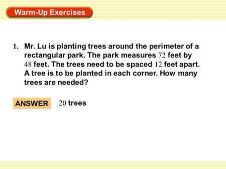 1. Mr. Lu is planting trees around the perimeter of a rectangular park