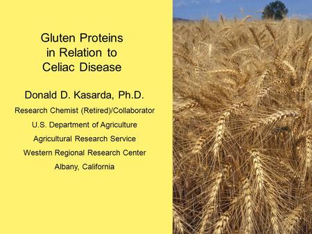 Donald D. Kasarda, Ph.D. Research Chemist (Retired)/Collaborator U.S. Department of Agriculture Agricultural Research Service Western Regional Research.