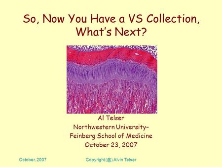 October, 2007Copyright Alvin Telser So, Now You Have a VS Collection, What’s Next? Al Telser Northwestern University– Feinberg School of Medicine October.