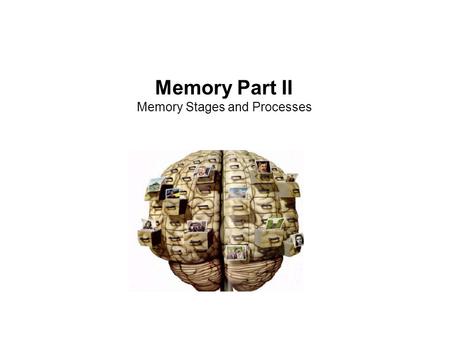 Memory Part II Memory Stages and Processes. Overview Memory processes –encoding, storage, and retrieval Capacity & duration of memory stages –sensory.