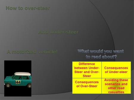 Difference between Under- Steer and Over- Steer Consequences of Under-steer Consequences of Over-Steer Avoiding these scenarios and other road casualties.