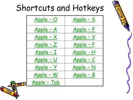 Shortcuts and Hotkeys Apple – OApple – S Apple – AApple – F Apple – XApple – V Apple – ZApple – P Apple – IApple - H Apple – UApple – C Apple – YApple.