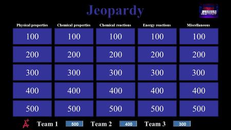 Physical properties 100 200 300 400 500 Chemical propertiesChemical reactionsEnergy reactionsMiscellaneous 100.