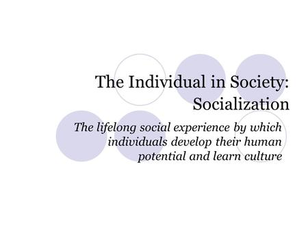 The Individual in Society: Socialization The lifelong social experience by which individuals develop their human potential and learn culture.