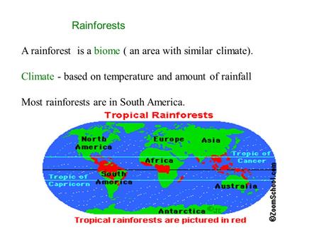 Rainforests A rainforest is a biome ( an area with similar climate). Climate - based on temperature and amount of rainfall Most rainforests are in South.