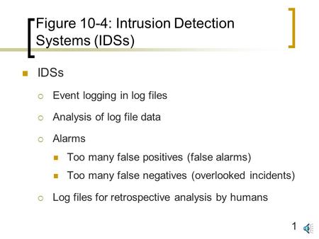 1 Figure 10-4: Intrusion Detection Systems (IDSs) IDSs  Event logging in log files  Analysis of log file data  Alarms Too many false positives (false.