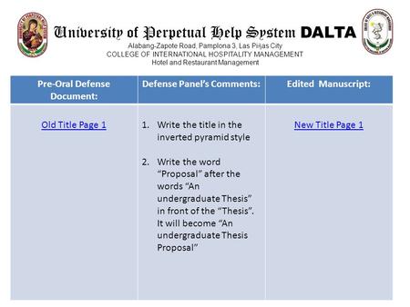 University of Perpetual Help System DALTA Alabang-Zapote Road, Pamplona 3, Las Pi ῆ as City COLLEGE OF INTERNATIONAL HOSPITALITY MANAGEMENT Hotel and Restaurant.