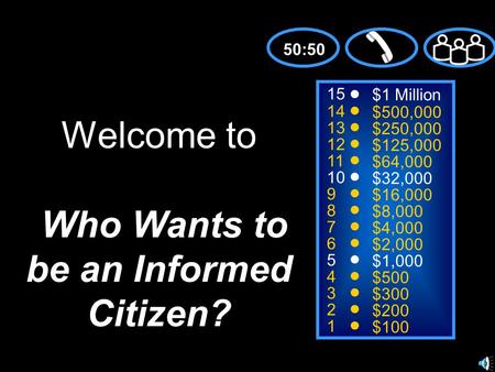 15 14 13 12 11 10 9 8 7 6 5 4 3 2 1 $1 Million $500,000 $250,000 $125,000 $64,000 $32,000 $16,000 $8,000 $4,000 $2,000 $1,000 $500 $300 $200 $100 Welcome.