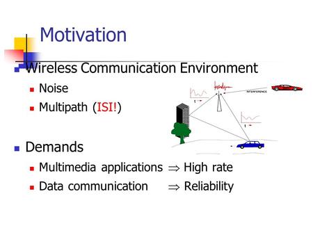 Motivation Wireless Communication Environment Noise Multipath (ISI!) Demands Multimedia applications  High rate Data communication  Reliability.