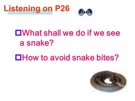 Listening on P26  What shall we do if we see a snake?  How to avoid snake bites?