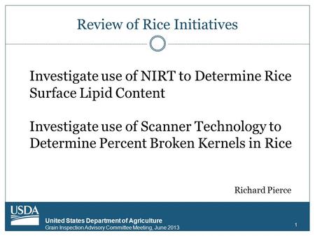 United States Department of Agriculture Grain Inspection Advisory Committee Meeting, June 2013 Review of Rice Initiatives 1 Investigate use of NIRT to.