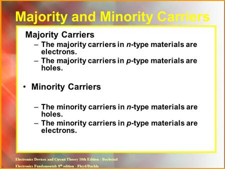 Electronics Devices and Circuit Theory 10th Edition - Boylestad Electronics Fundamentals 8 th edition - Floyd/Buchla Majority and Minority Carriers Majority.