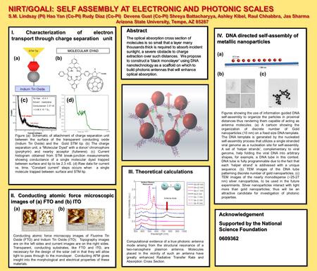 NIRT/GOALI: SELF ASSEMBLY AT ELECTRONIC AND PHOTONIC SCALES S.M. Lindsay (PI) Hao Yan (Co-PI) Rudy Diaz (Co-PI) Devens Gust (Co-PI) Shreya Battacharyya,