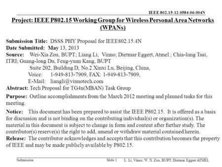 IEEE 802.15-12-0584-06-004N Submission L. Li, Vinno; W. X. Zou, BUPT; Dietmar Eggert ATMEL Slide 1 Project: IEEE P802.15 Working Group for Wireless Personal.