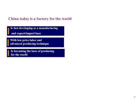 China today is a factory for the world ３ Is fast developing as a manufacturing and export/import base With low price labor and advanced producing technique.