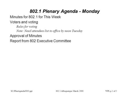 M.1PlenAgenda0003.ppt802.1 Albuquerque March 2000WPL p 1 of 5 802.1 Plenary Agenda - Monday Minutes for 802.1 for This Week Voters and voting Rules for.