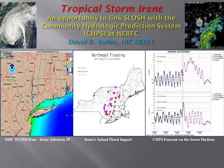 NHC SLOSH Run – Irene Advisory 29CHPS Forecast on the lower HudsonIrene’s Actual Flood Impact.