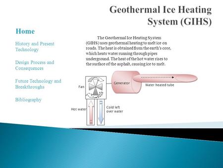 Home Future Technology and Breakthroughs Design Process and Consequences History and Present Technology Bibliography The Geothermal Ice Heating System.